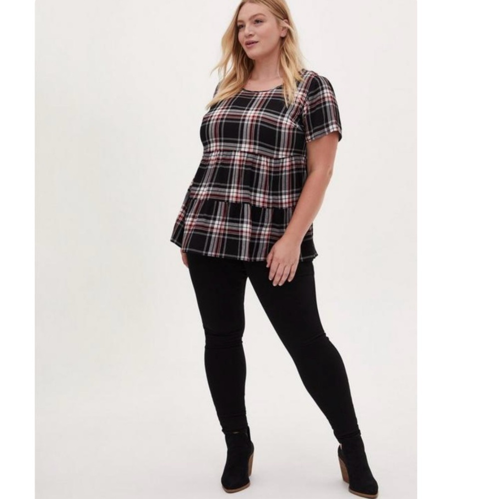 Torrid Rayon Crepe Tiered Top in Red and Black Plaid